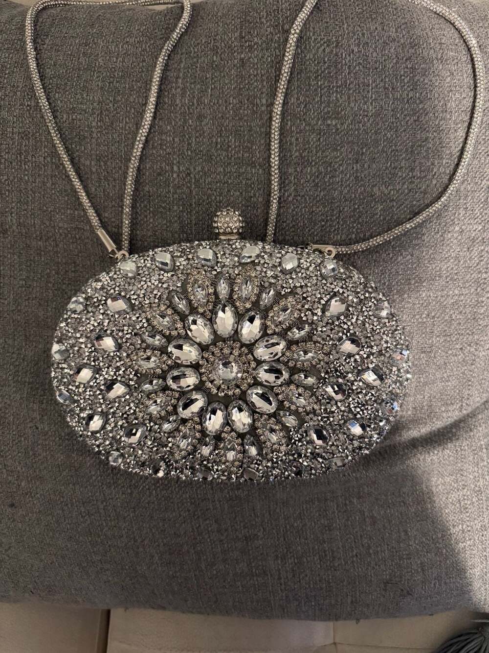 Silver Rhinestone Embellished Oval Hard Shell Evening Clutch with Detachable Cha